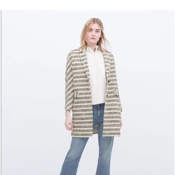 Zara Long Line Striped Gray Coat Pockets Women's Size Medium Bloggers Favorite - Picture 4 of 12